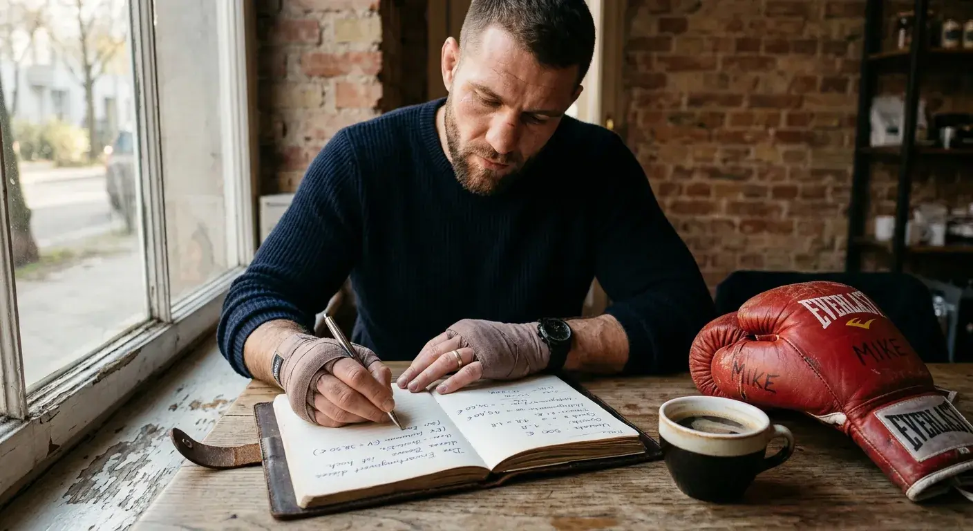 Boxer macht handschriftliche Notizen in Notizbuch auf Holztisch neben Boxhandschuhen