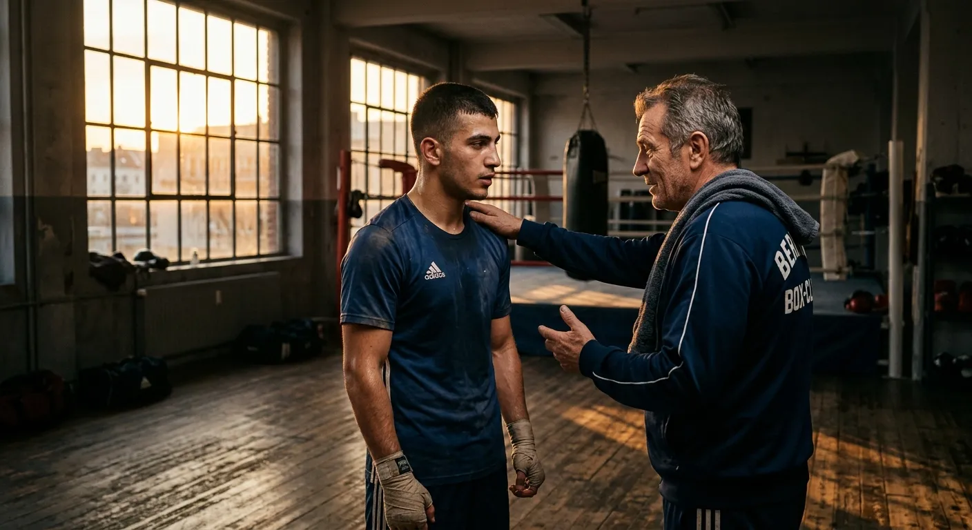 Boxer und Trainer im ruhigen Gespräch im fast leeren Gym beim Sonnenuntergang