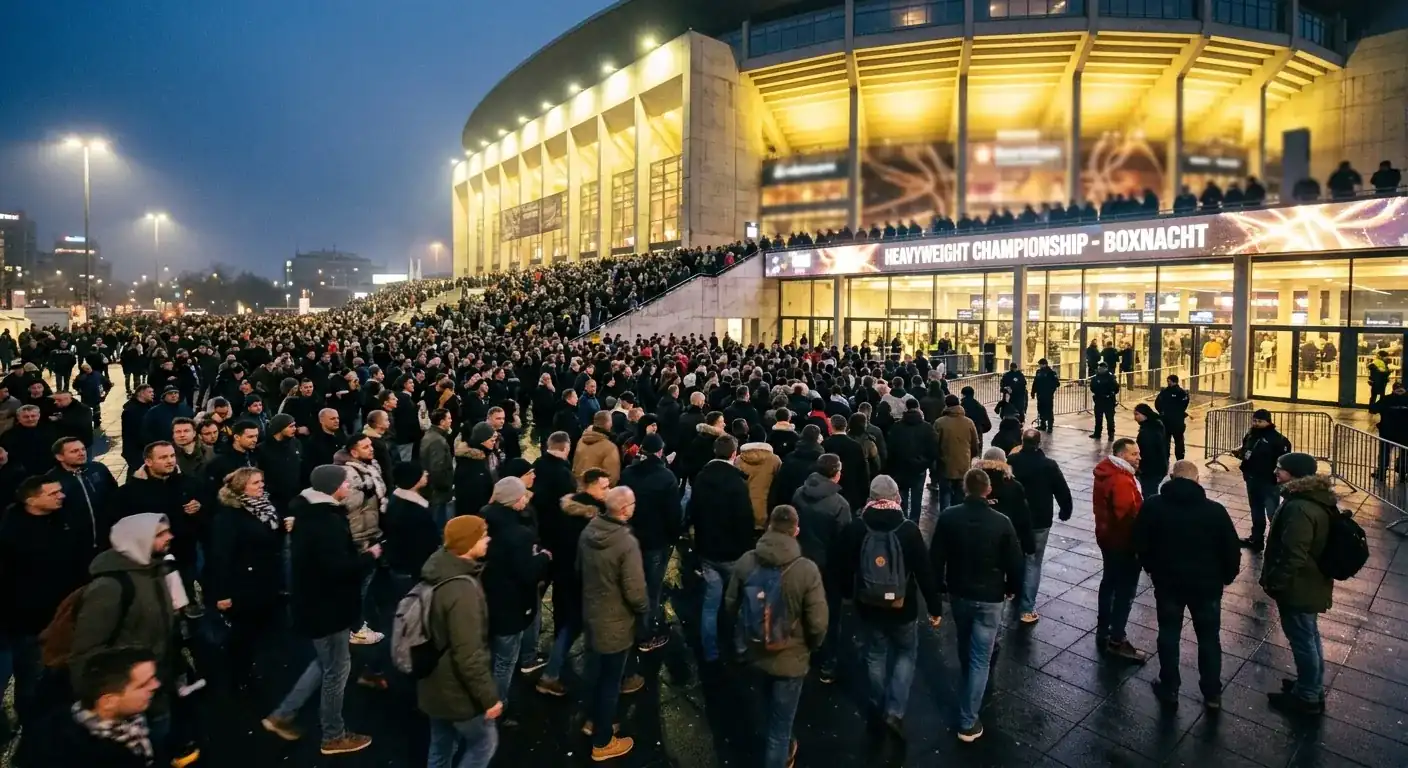 Massen vor der großen Boxarena sammeln sich am Abend des Hauptkampfes