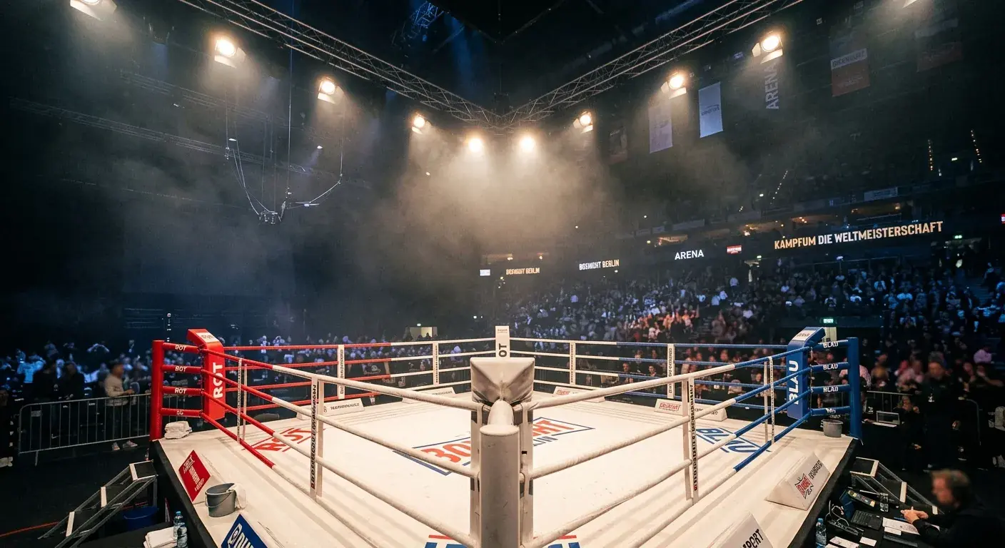 Beleuchteter Boxring vor Großkampf mit gespannten Seilen