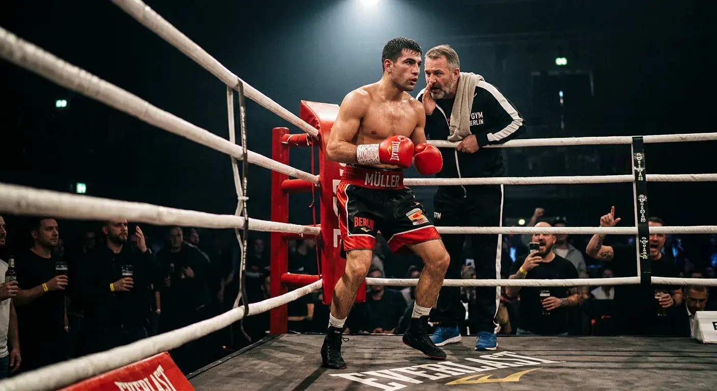 Boxer mit roten Handschuhen wartet konzentriert in seiner Ringecke vor Kampfbeginn