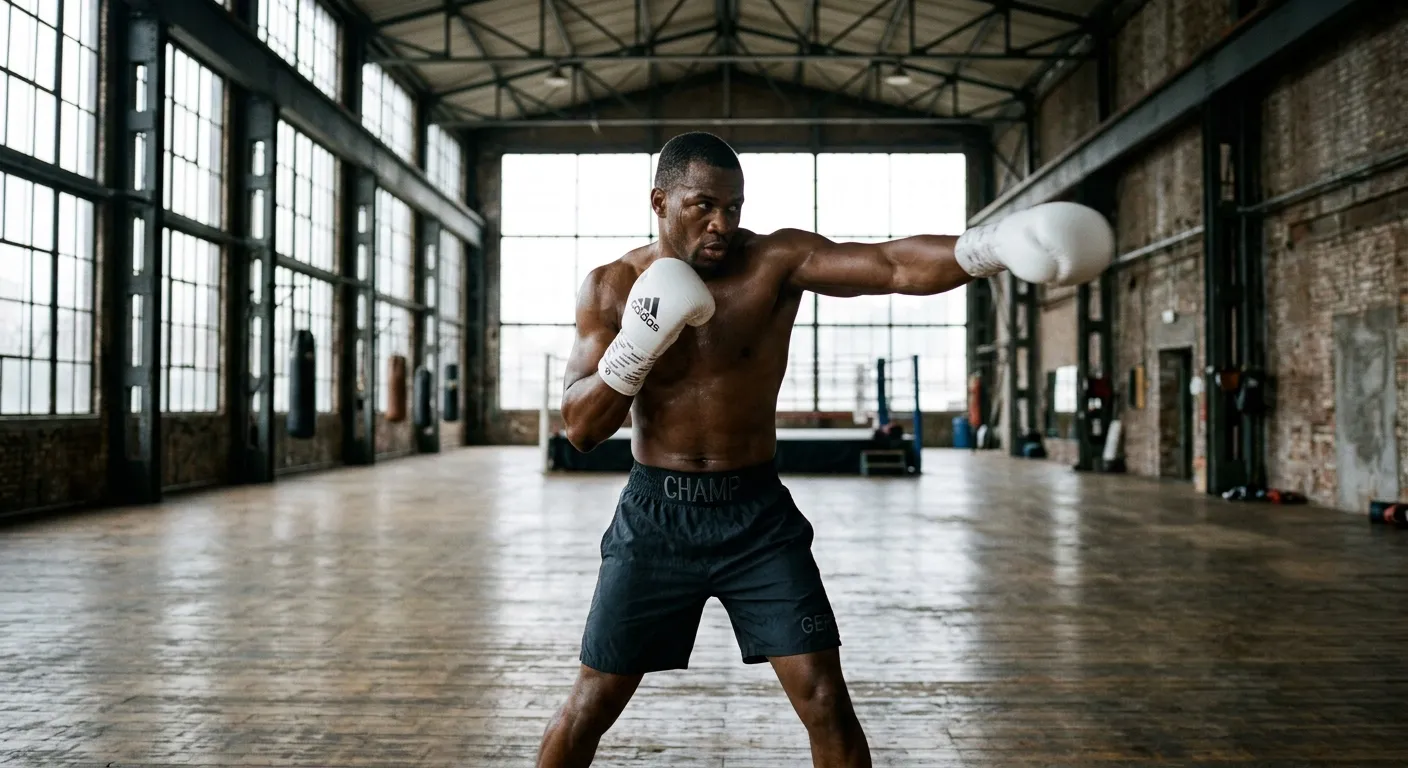 Boxchampion absolviert Schattenboxen mit konzentrierter Mimik im großen Trainingsraum