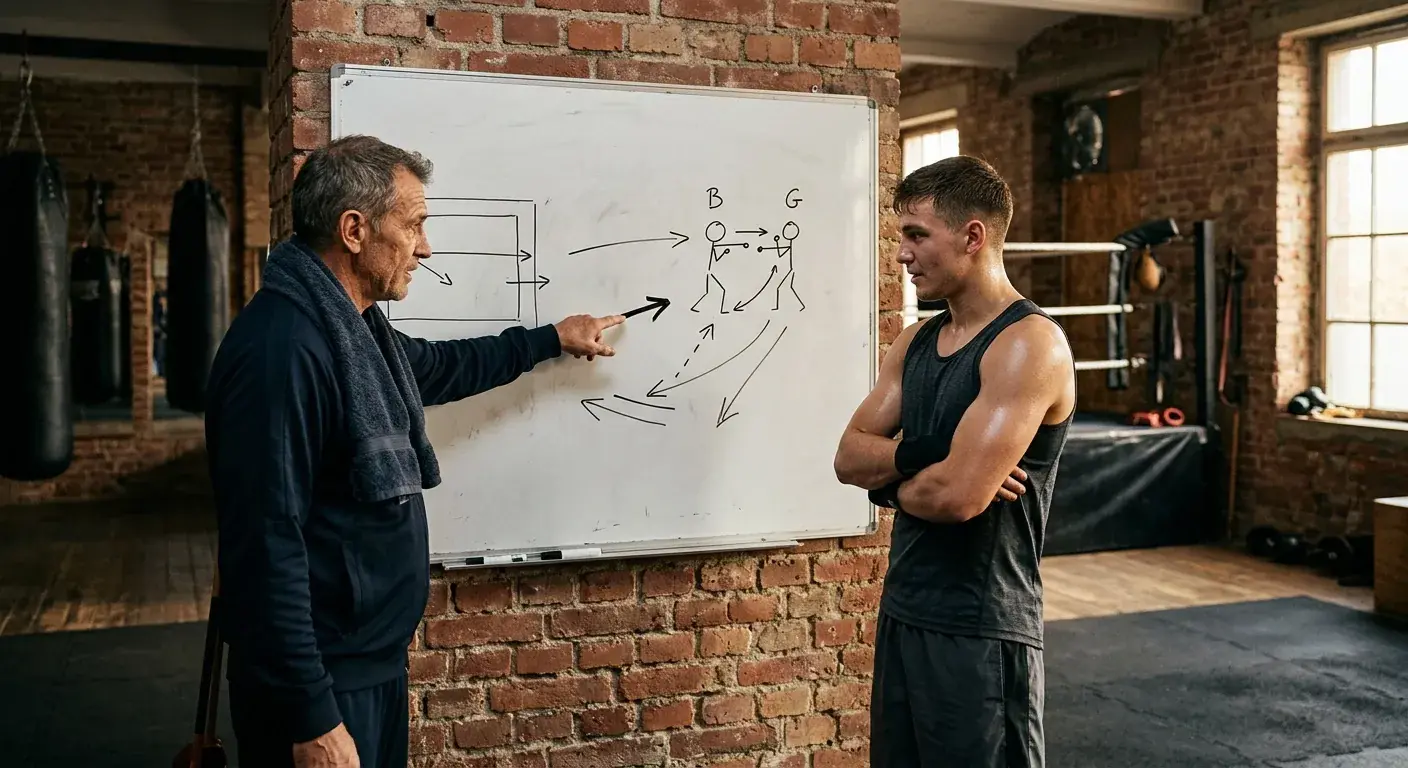 Boxer und Trainer studieren ruhig Kampfvideo auf Whiteboard mit Pfeilen im Gym