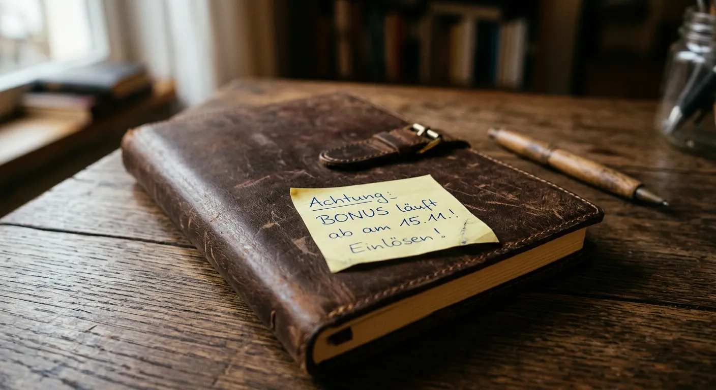 Haftnotiz mit handschriftlicher Erinnerung auf ledernem Notizbuch