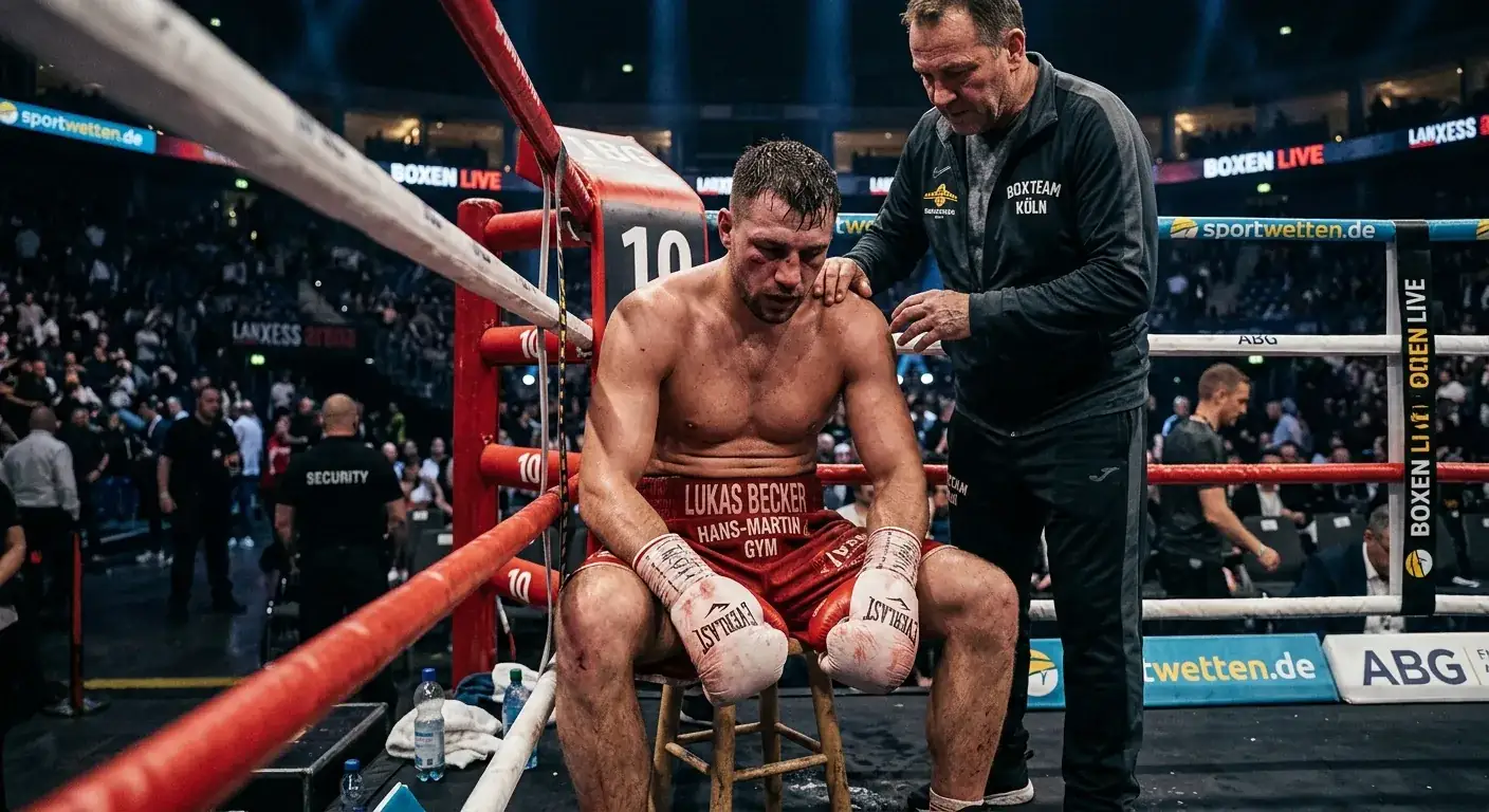 Boxer in nachdenklicher Pose auf Hocker in seiner Ringecke nach knapper Niederlage
