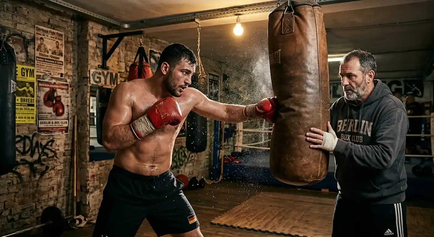 Schwergewichtsboxer im Trainingscamp am Sandsack, Trainer schaut zu