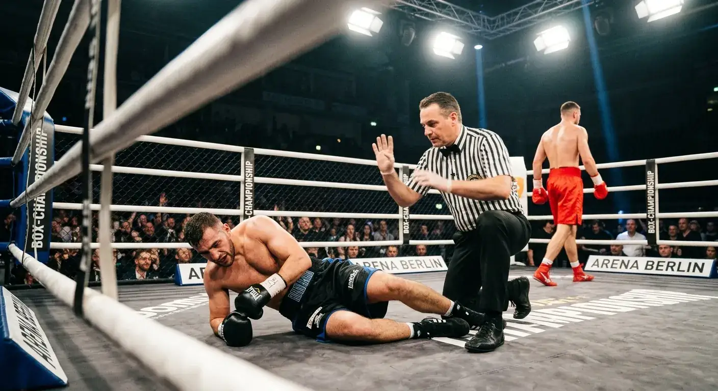 Boxer schickt Gegner mit klarem Treffer zu Boden, Ringrichter beginnt Zählvorgang