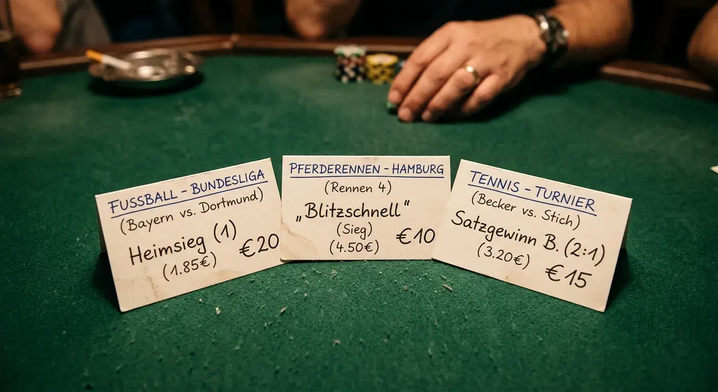 Notizkarten mit Wettart-Optionen aufgefächert auf dunklem Filz