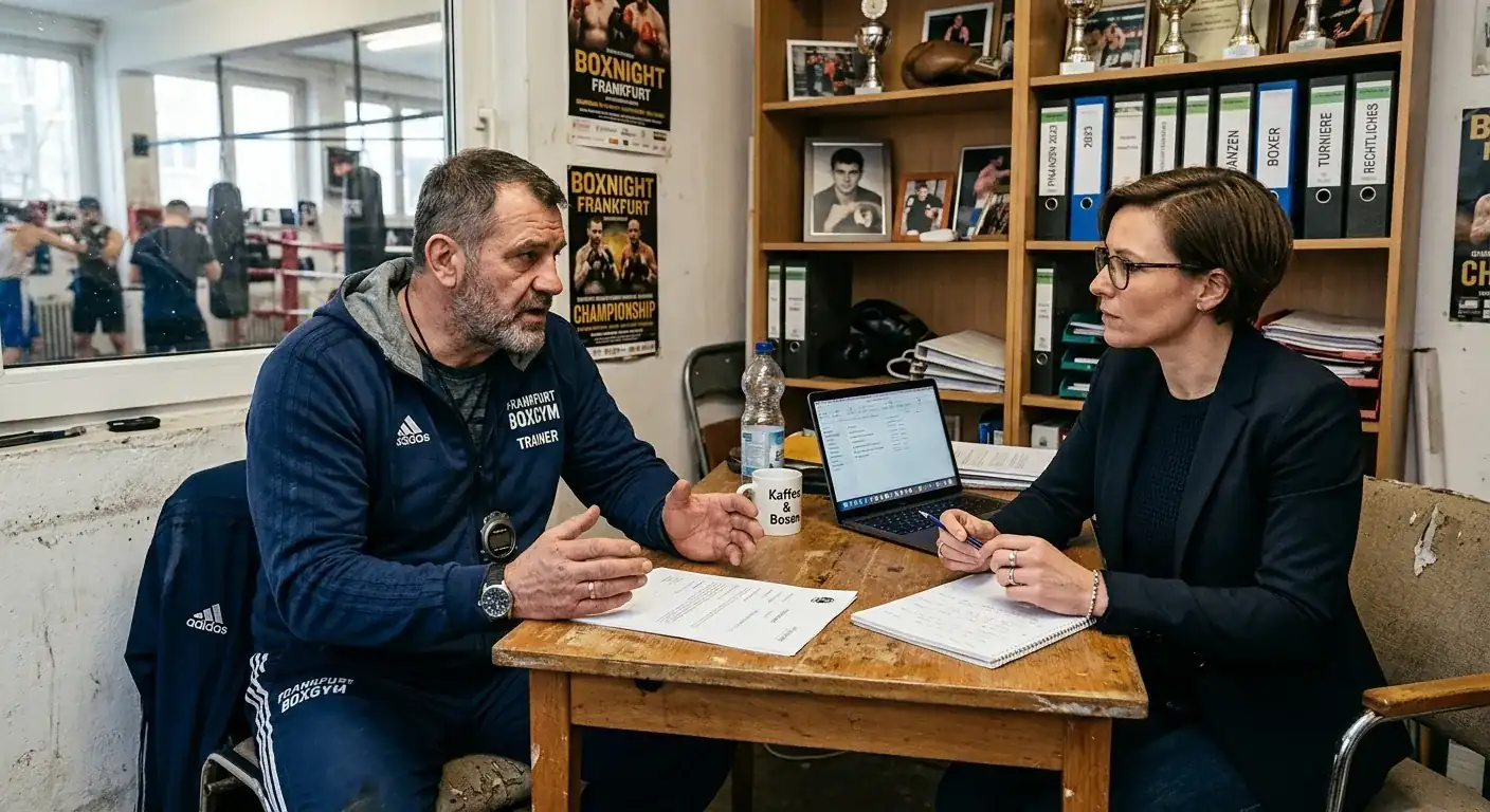 Trainer und Boxer in seriösem Gespräch im hellen Trainingsbüro mit Bücherregal im Hintergrund