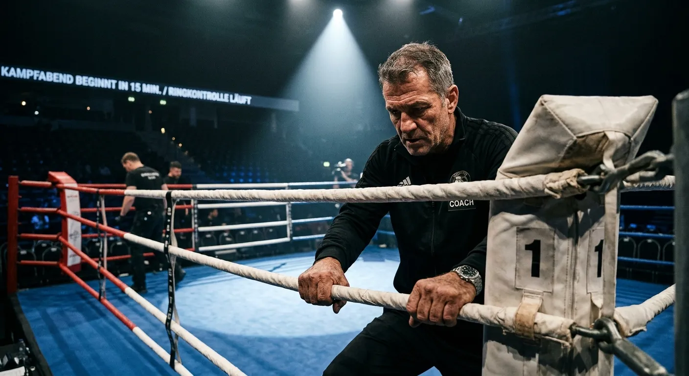 Boxring vor Kampfbeginn im hellen Spotlight, Trainer prüft Ringseile sorgfältig