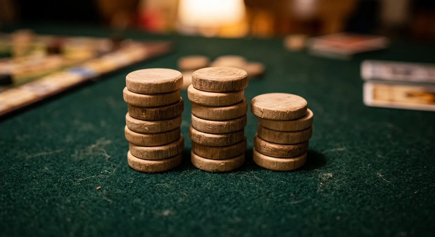 Stapel von Spielmarken aus Holz auf einer dunklen Filzunterlage