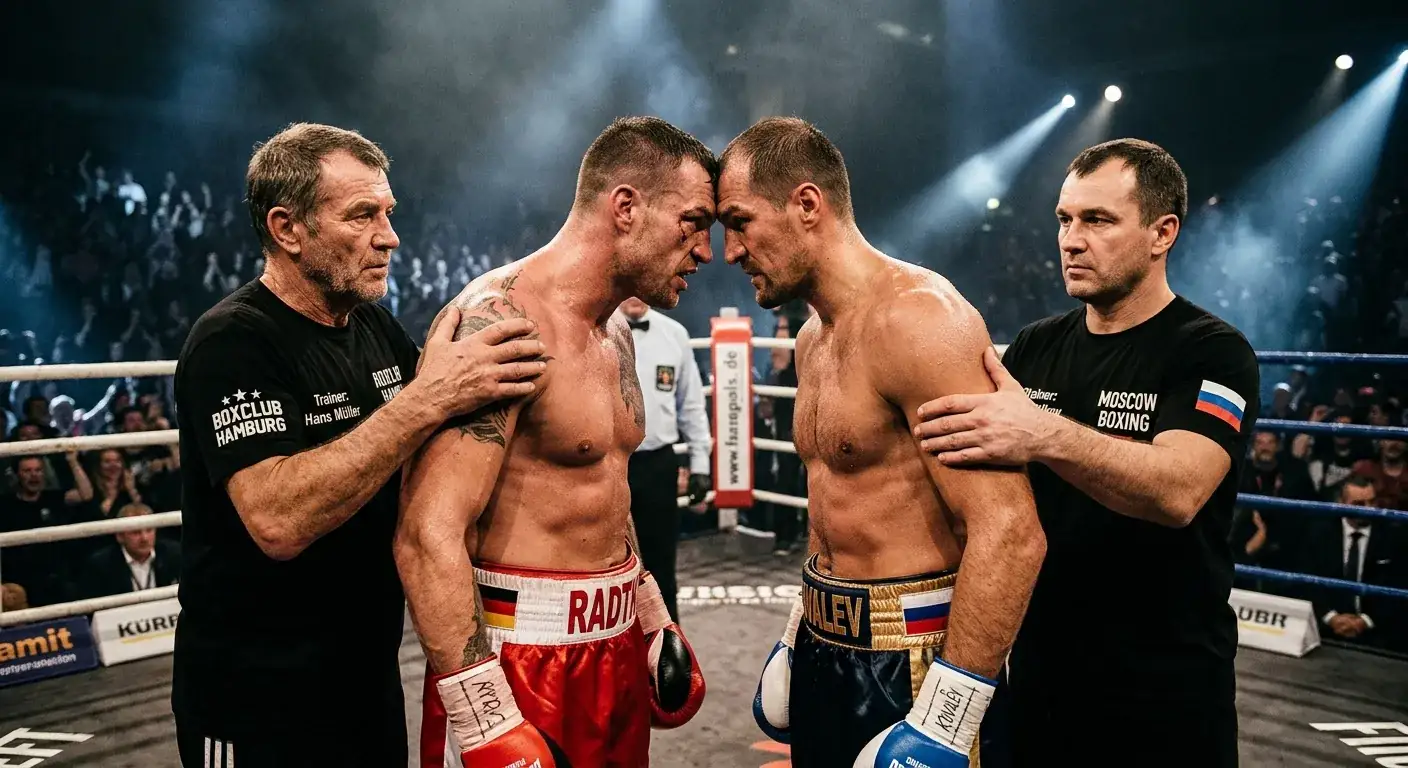 Zwei Boxer beim Stare-Down im Boxring vor Hauptkampf, Trainer halten sie zurück