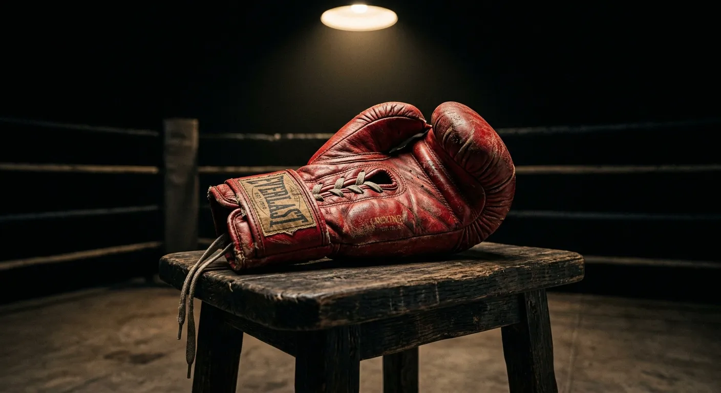 Boxhandschuh auf einem hölzernen Ring-Hocker im dramatischen Spotlight
