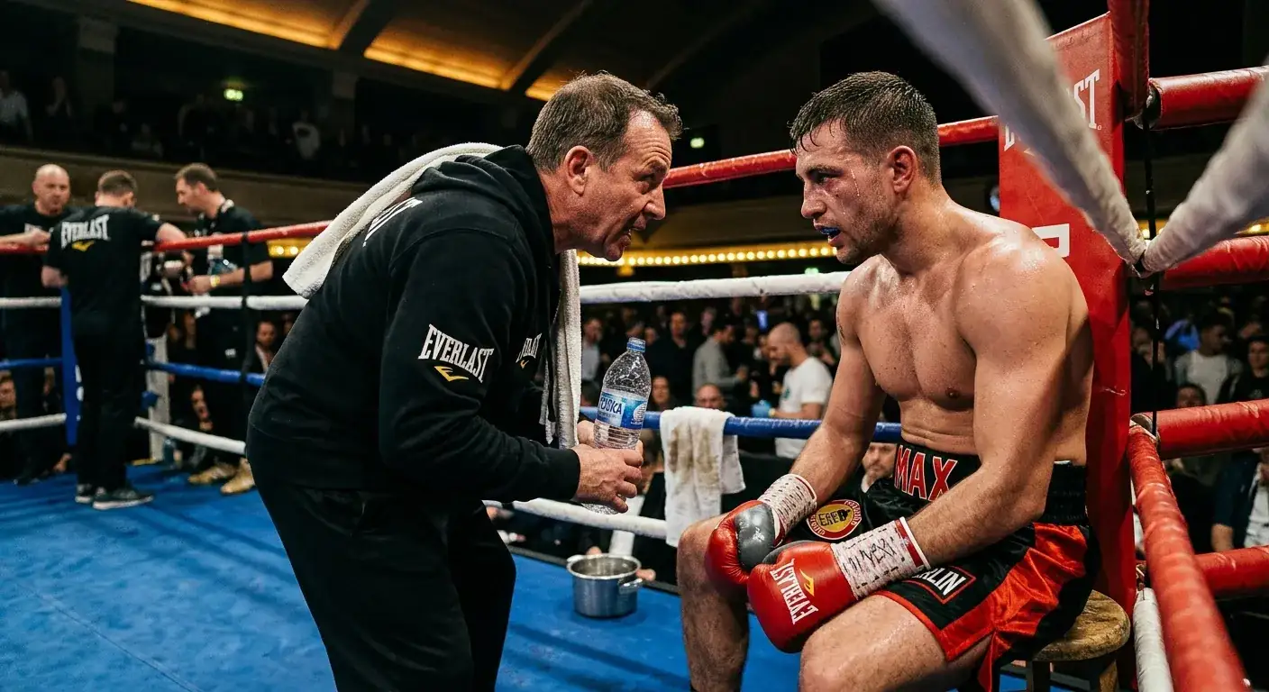 Trainer und Boxer in der Ringecke besprechen Strategie kurz vor Rundenstart