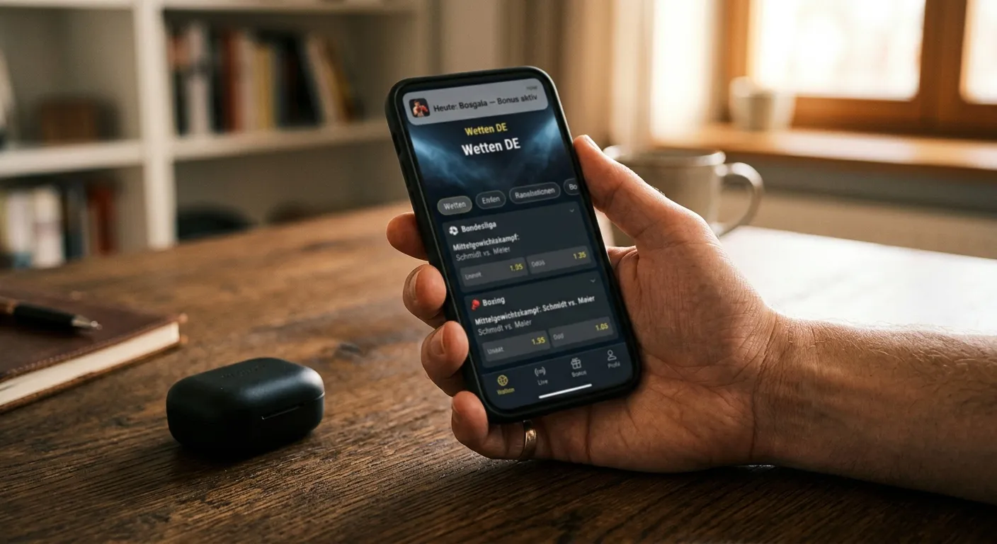 Smartphone mit Sportwetten-App und Push-Benachrichtigung zu Bonusangebot vor Boxring im Hintergrund
