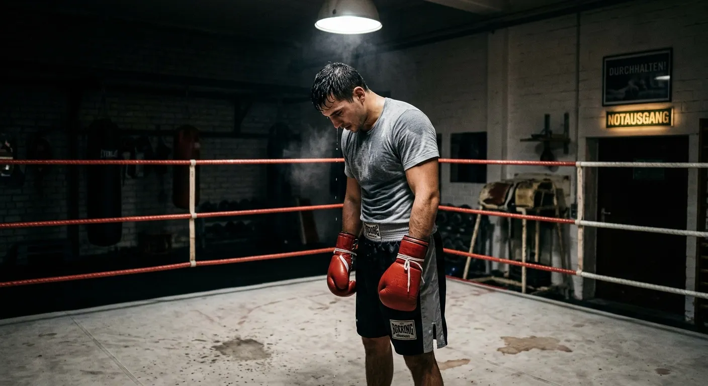 Boxer steht mit gesenktem Kopf im Ring nach harter Sparringsrunde im Trainingsgym