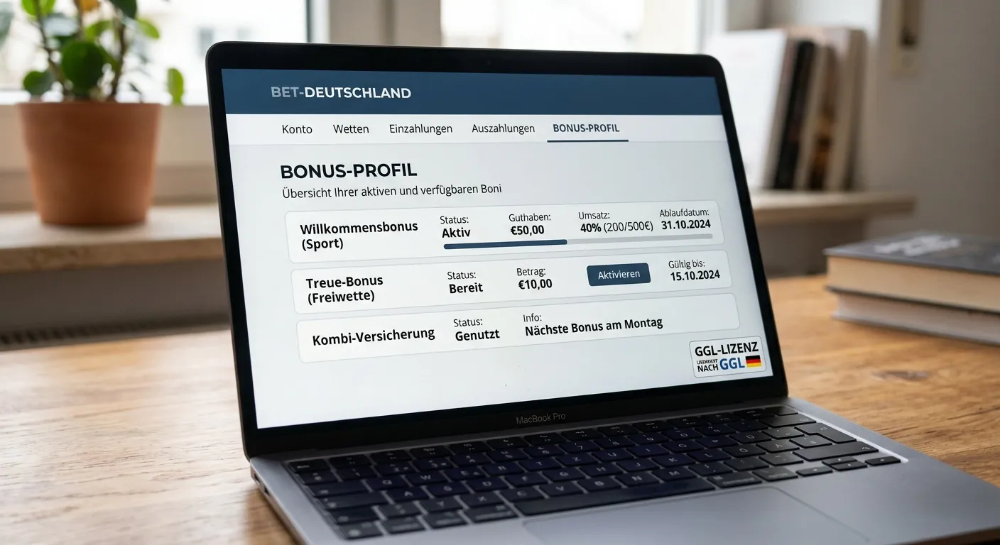 Bildschirmansicht des Bonusprofils eines deutschen Sportwetten-Anbieters