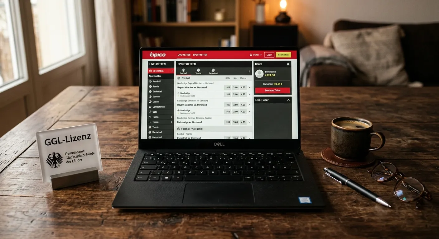 Bildschirm eines Sportwetten-Anbieters mit deutschem Lizenzhinweis und Bonusangebot im Vordergrund