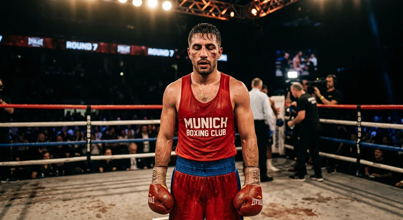 Boxer im Ring zwischen Runden steht aufrecht, atmet tief und sammelt sich