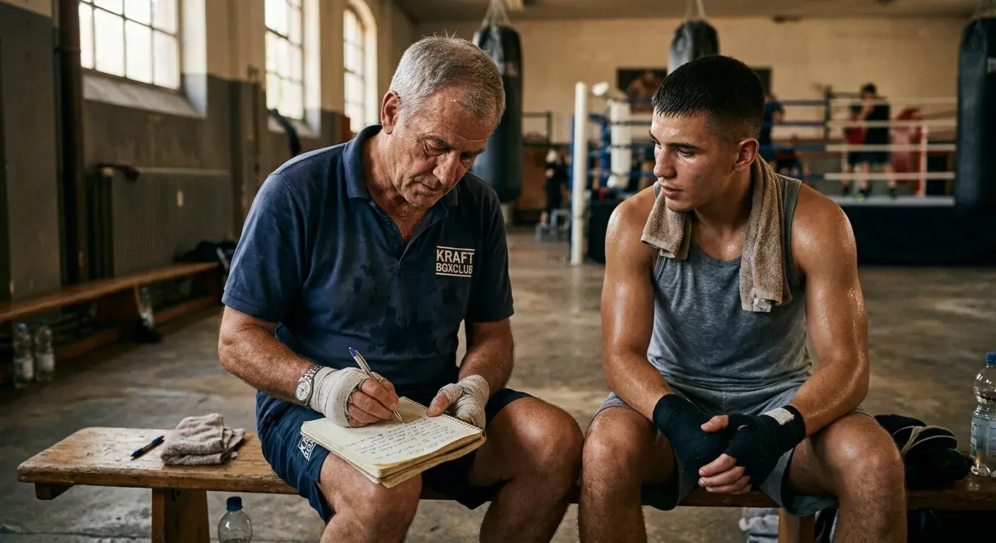 Boxer und Trainer auf Bank im Trainingscamp, Trainer notiert Vorbereitungsstand in Heft