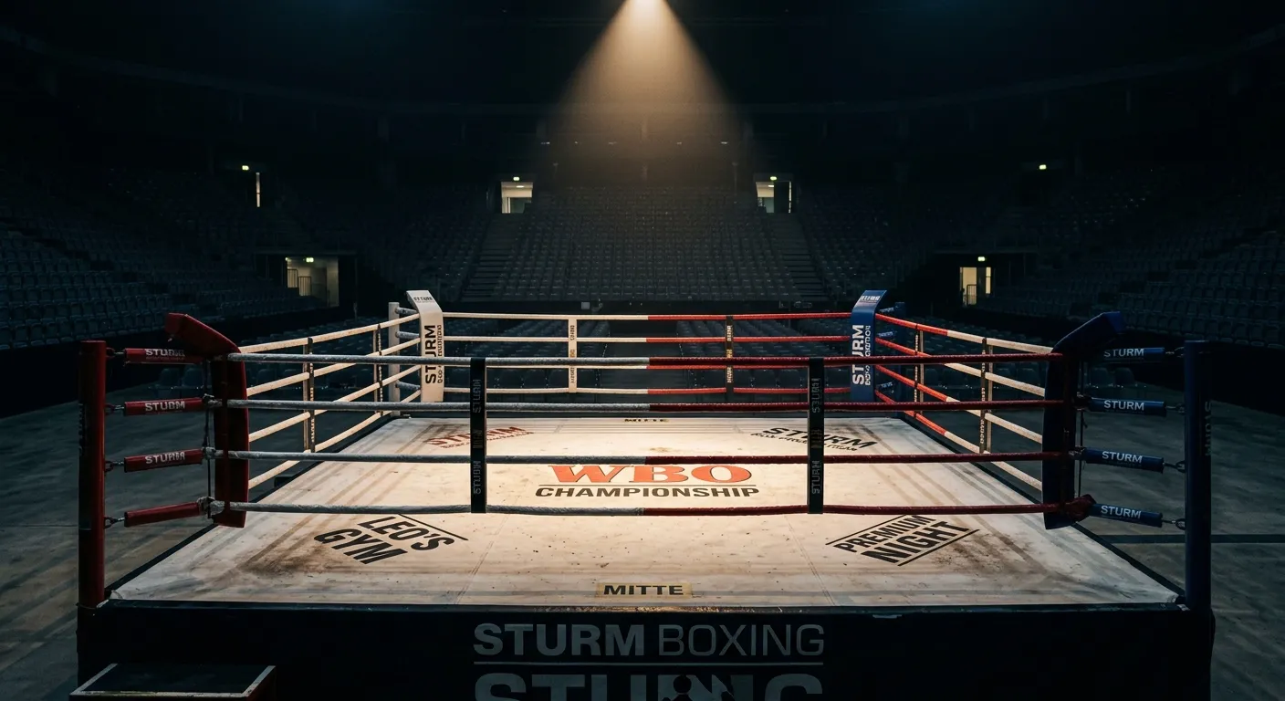 Atmosphärisches Bild eines beleuchteten Boxrings vor einem Profi-Kampfabend