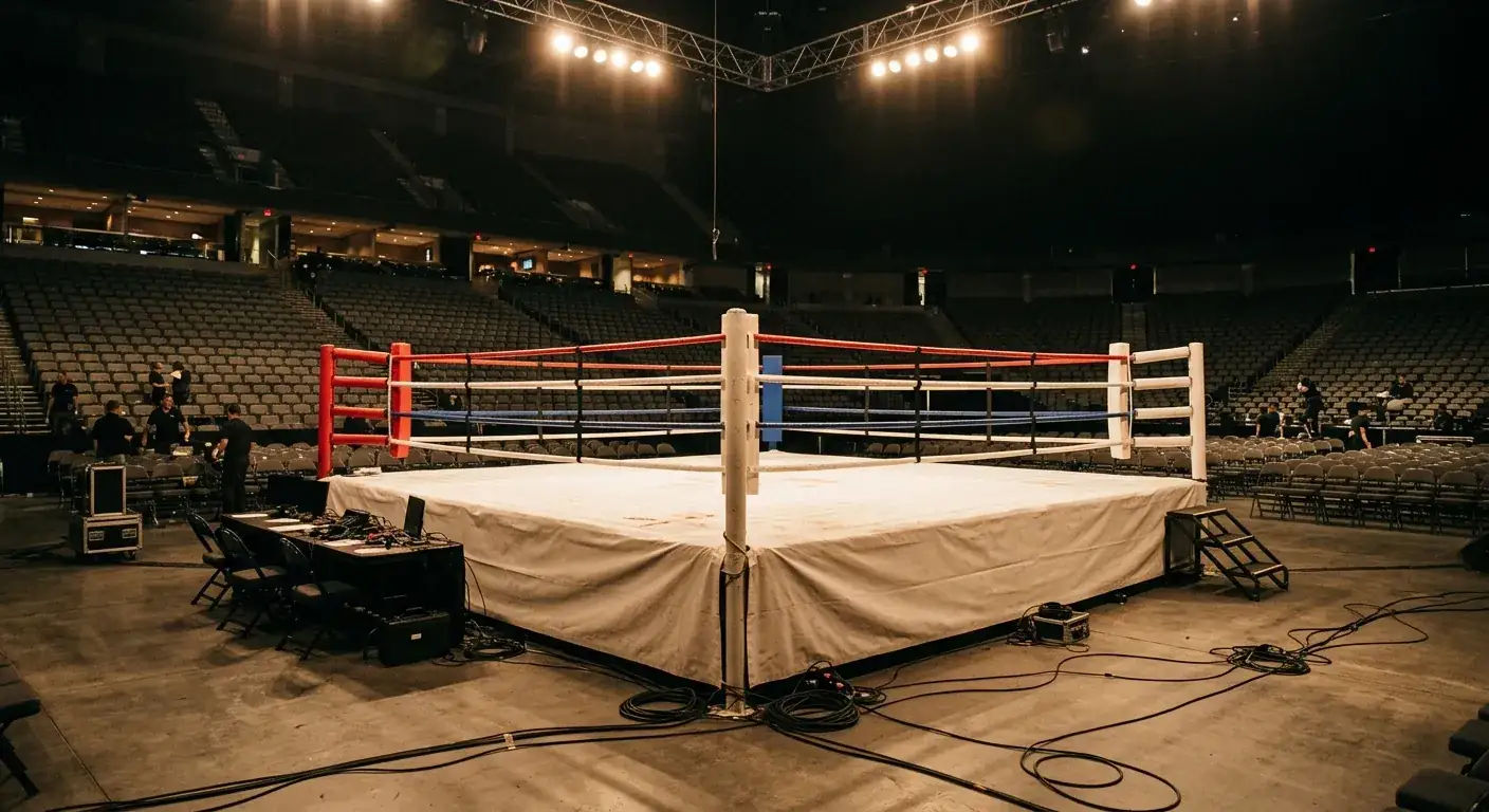 Boxring im leeren Saal vor Kampfabend mit Beleuchtung und Bannern an den Pfosten