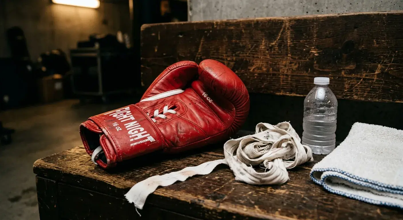 Boxhandschuh und Verband liegen auf einer Holzbank im Backstage vor Kampfbeginn