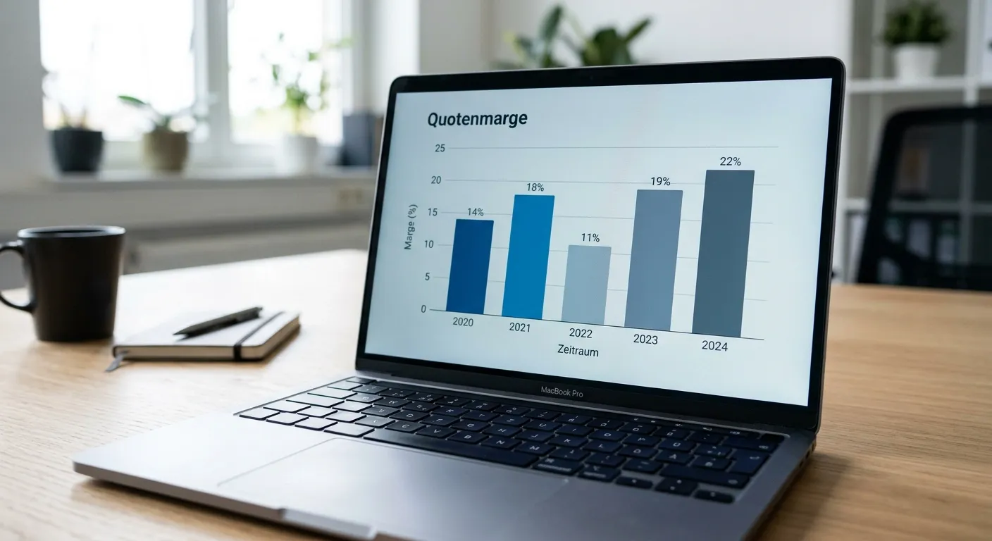 Säulendiagramm zur Quotenmarge in einem Webbrowser auf einem schmalen Laptop