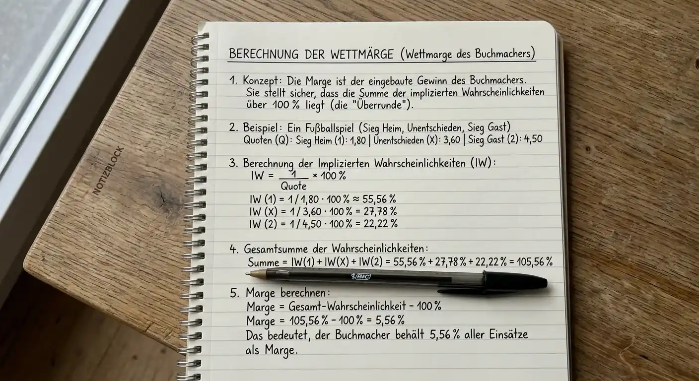 Handschriftliche Notiz mit Quotenmarge-Berechnung auf einem Notizblock