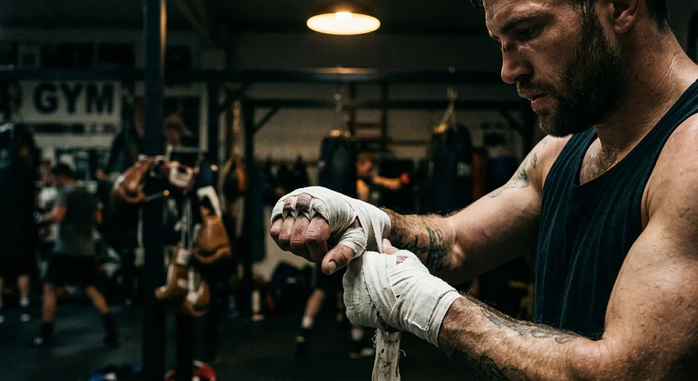 Boxer wickelt sich vor dem Training die weißen Handbandagen um die Faust
