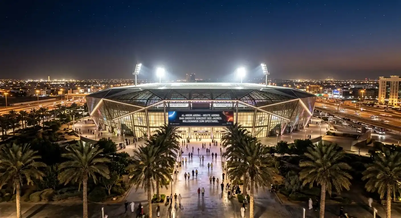 Großarena bei Nacht mit Flutlicht als Sinnbild für ein großes Box-Event in Riyadh