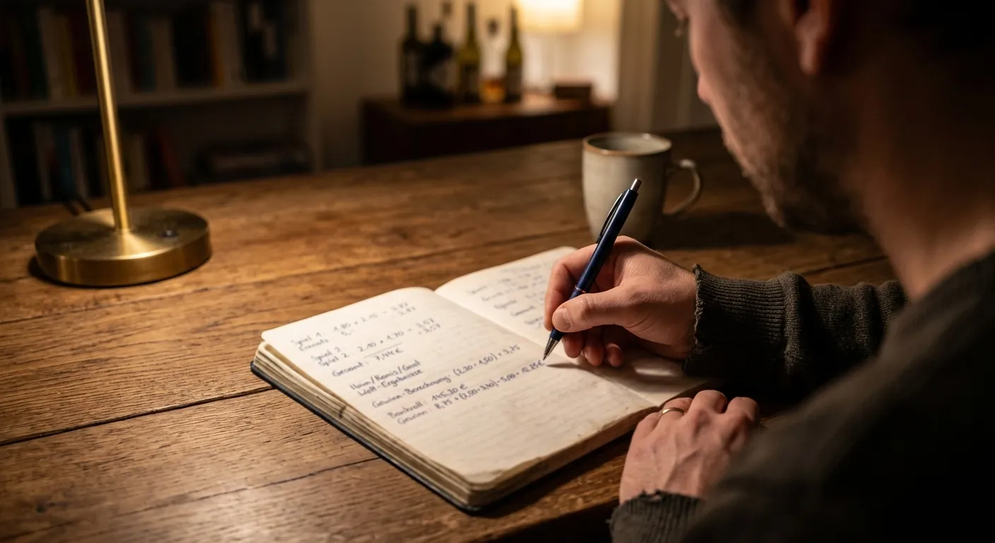 Person notiert handschriftliche Multiplikationen in einem Notizbuch