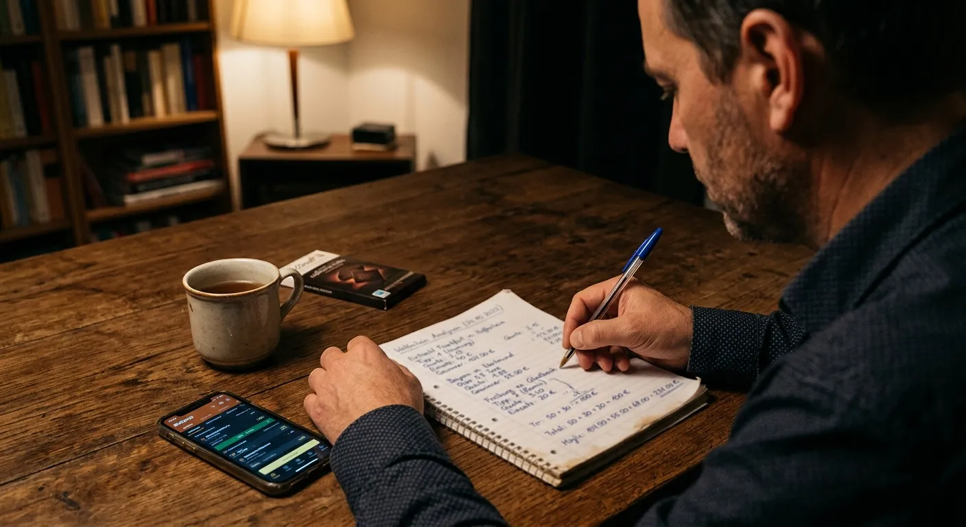 Person rechnet handschriftlich Wettbeispiele auf liniertem Papier durch