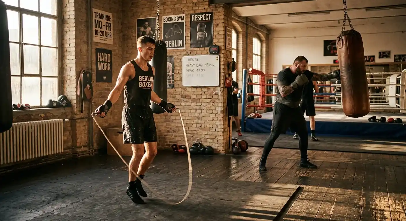 Schwergewichtsboxer und Federgewichtsboxer trainieren getrennt im selben großen Gym