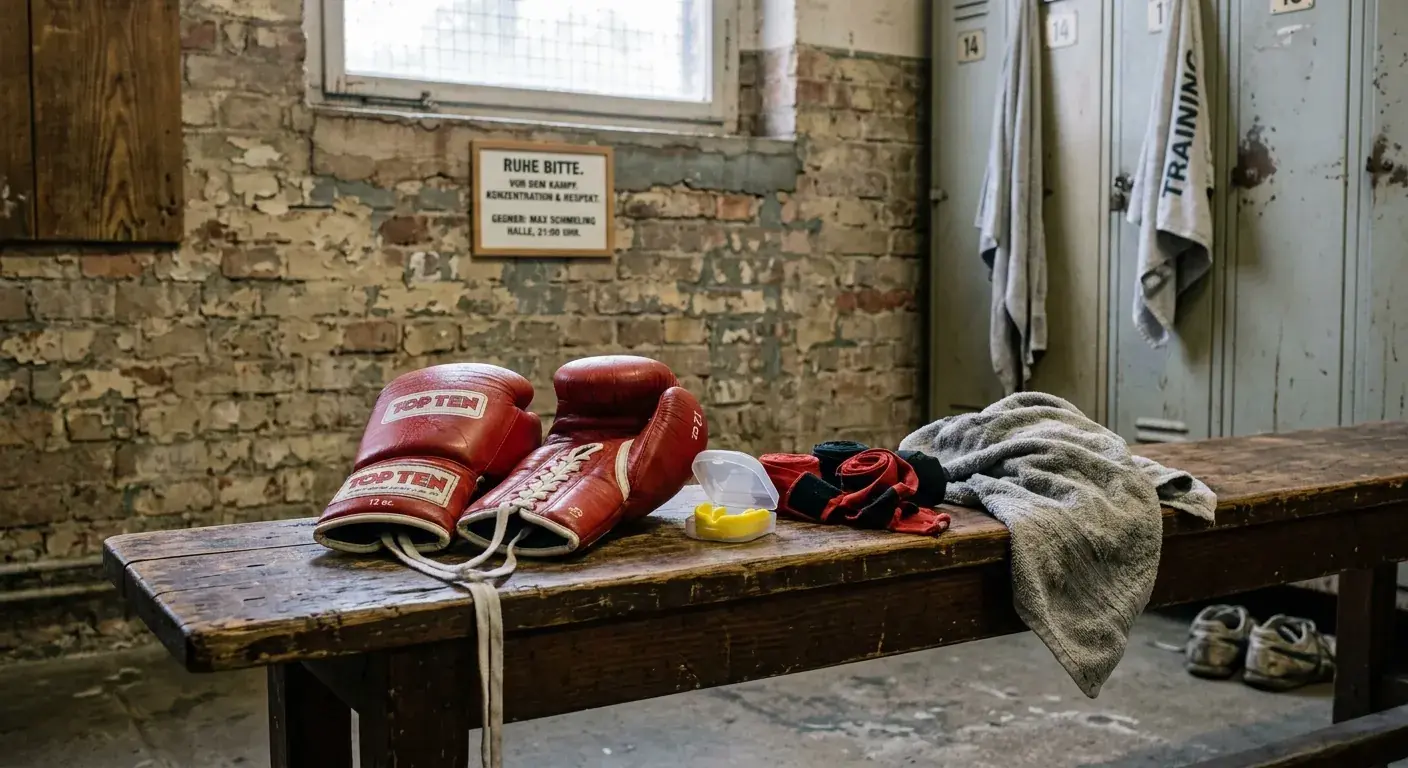 Boxhandschuhe und Mundschutz liegen auf einer Holzbank in der Umkleidekabine