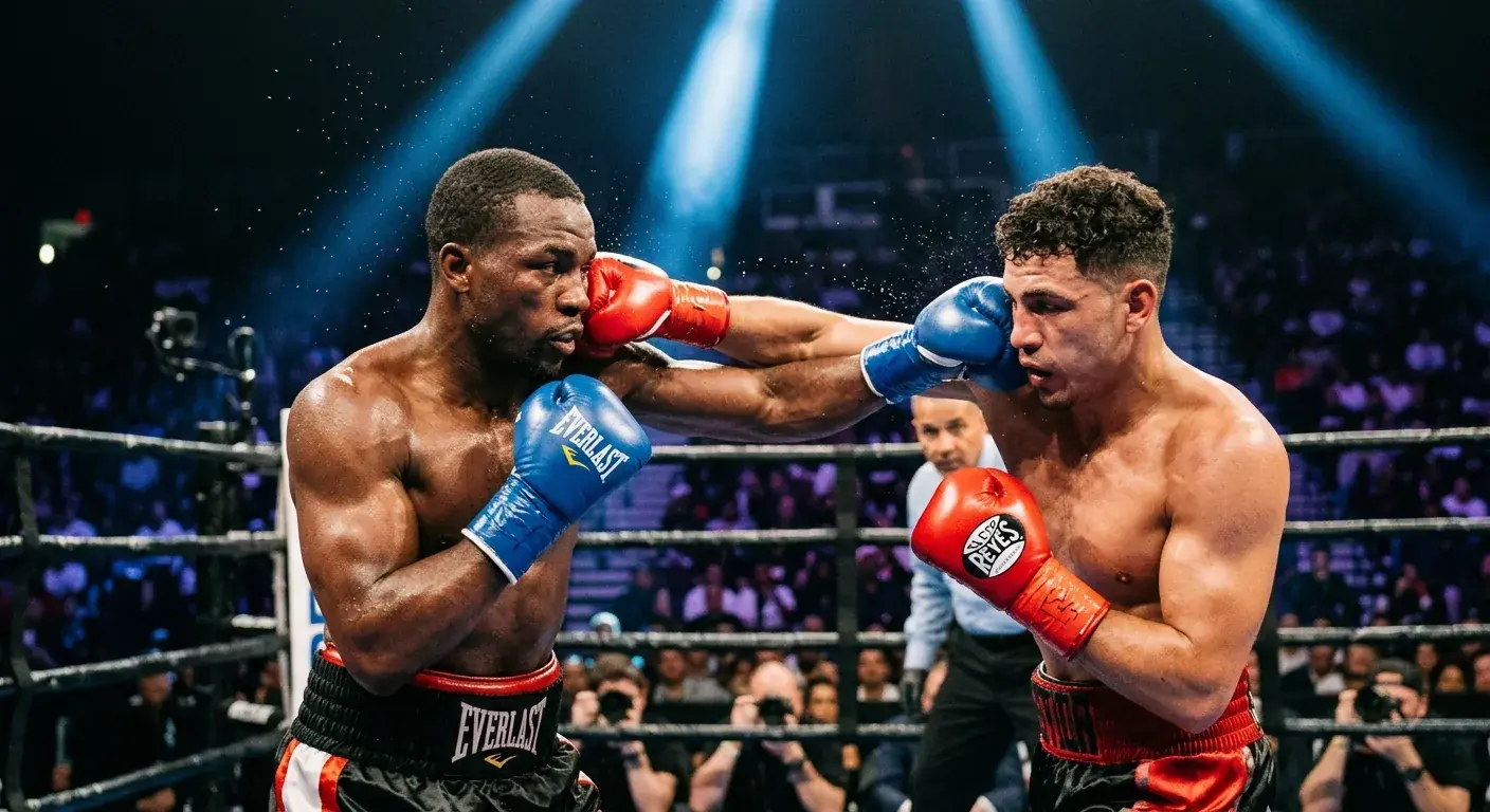 Boxer landen synchron Konterschläge zur Mitte einer mittleren Kampfrunde