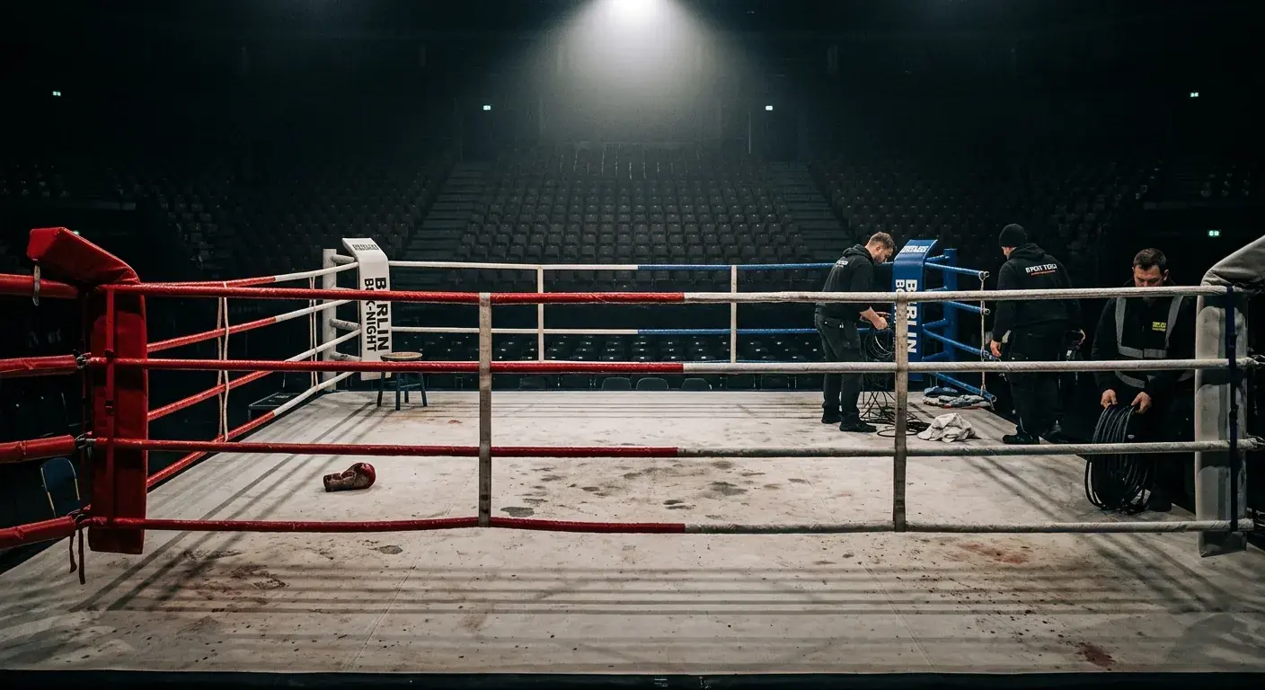 Boxring nach Hauptkampf-Ende im halb geleerten Saal mit verbleibenden Mitarbeitern