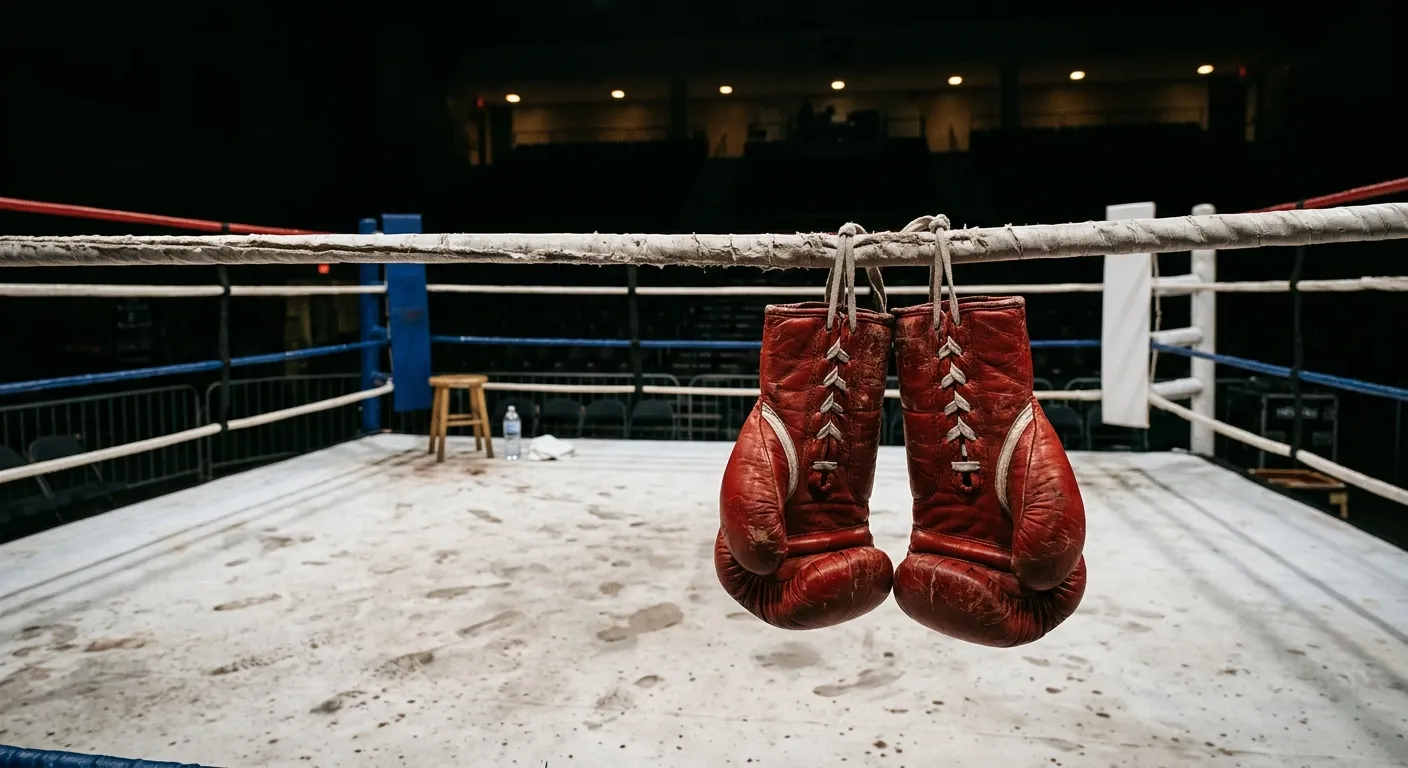Boxhandschuhe hängen am Ringseil, dahinter leerer Boxring nach dem Kampftag