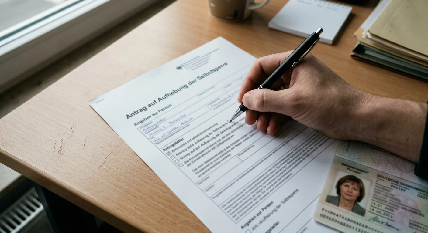 Handschriftliches Ausfüllen eines behördlichen Antragsformulars zur Sperraufhebung
