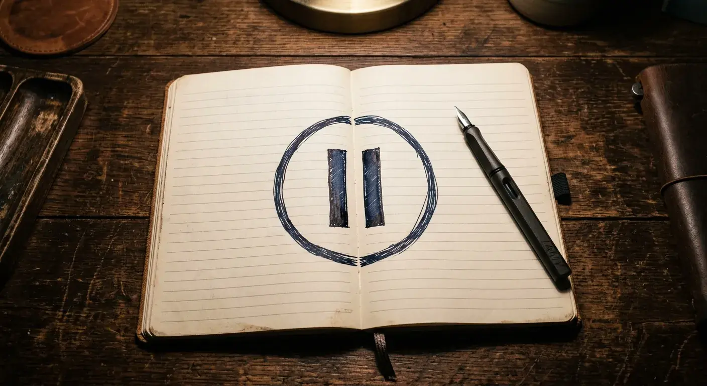 Stilisiertes Pause-Symbol auf einem Notizbuch mit Stift
