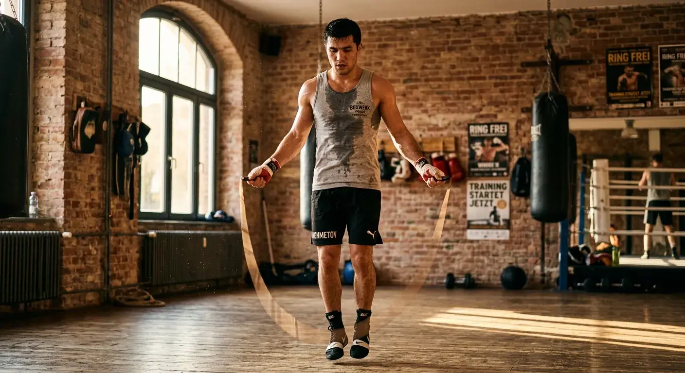 Boxer macht im sportlich-warmen Licht Konditionstraining mit Seilspringen im Trainingsraum