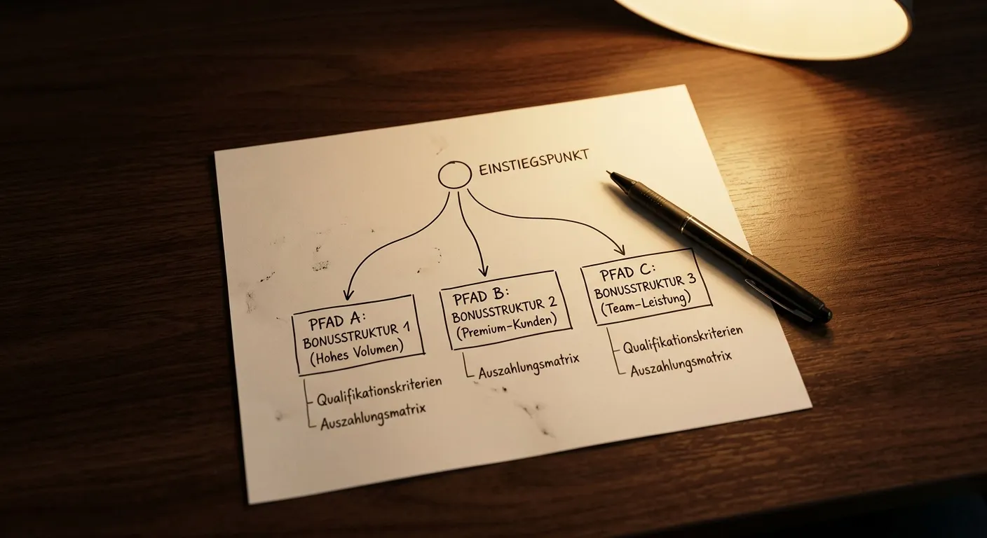 Handgezeichnetes Ablaufdiagramm mit drei Verzweigungen auf Papier