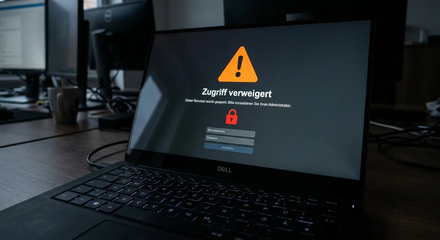 Warnsymbol auf einem Monitor neben blockierter Login-Maske eines Sportwettenanbieters