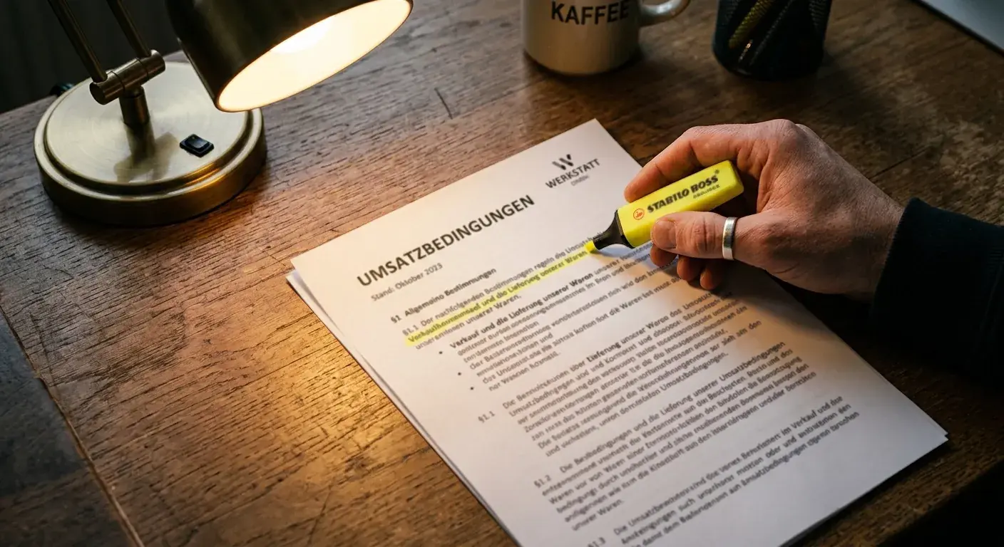 Ausgedrucktes Dokument mit Umsatzbedingungen auf einem Tisch mit Leselampe