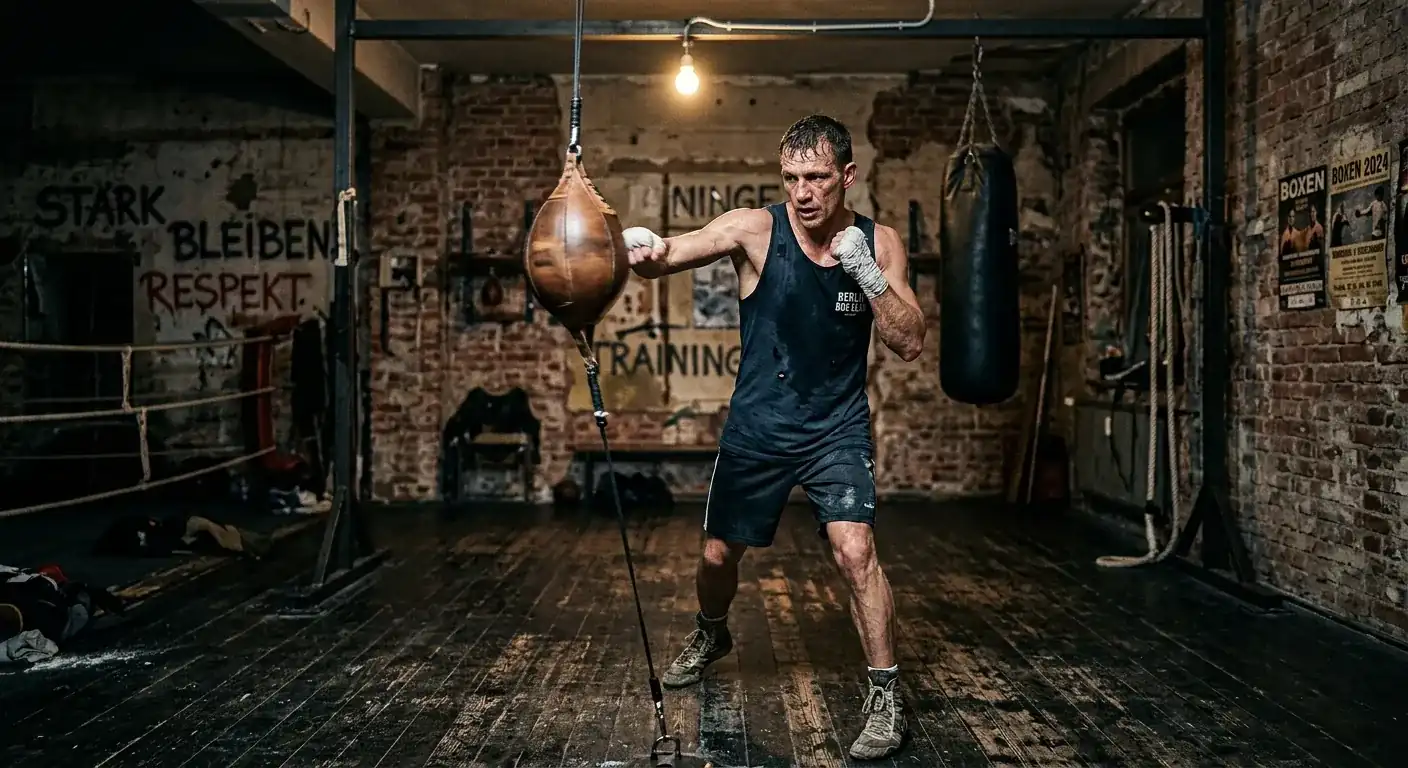 Außenseiter-Boxer trainiert allein an der Doppelendballbirne im einfachen Gym