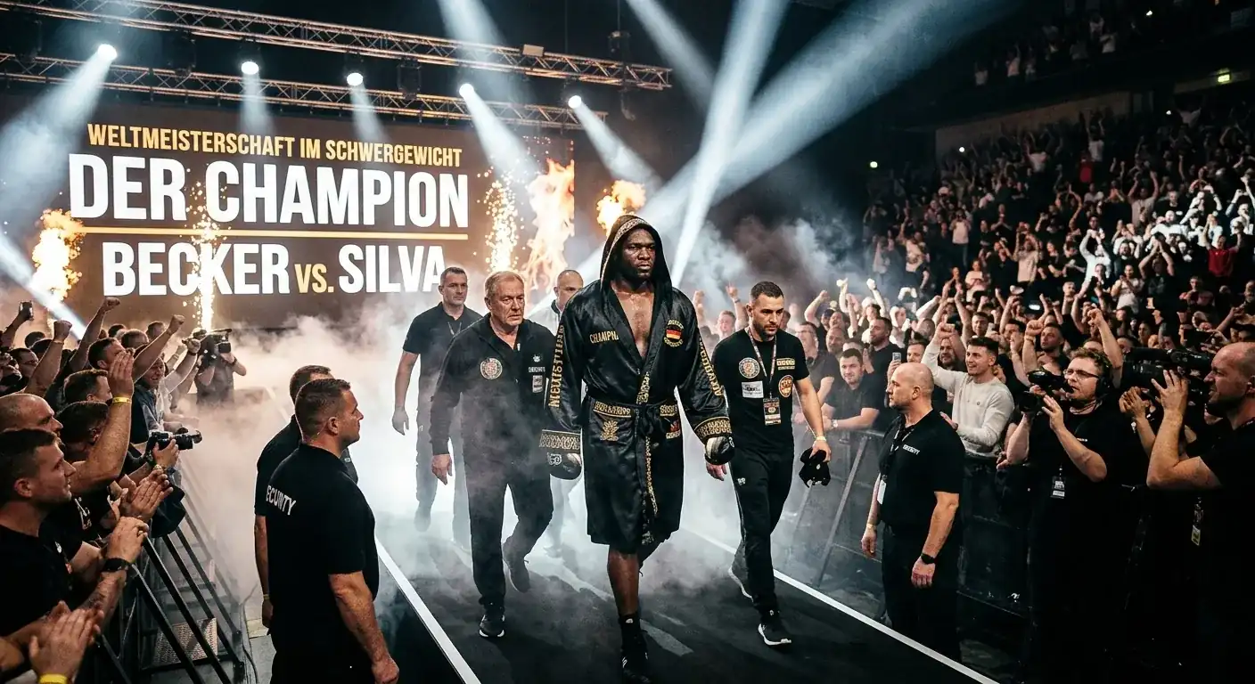 Schwergewichtsboxer beim Ringgang in den Boxring vor weltmeisterschaftlichem Kampf