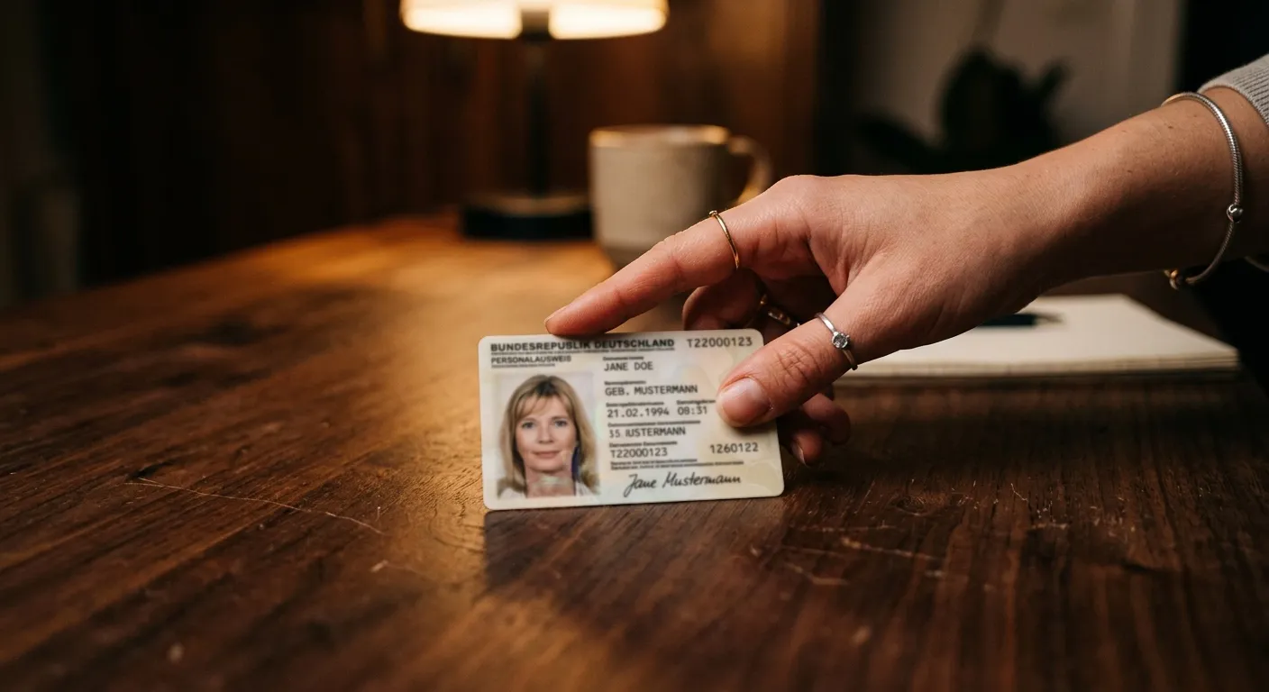 Hand legt einen generischen Ausweis auf einen dunklen Schreibtisch