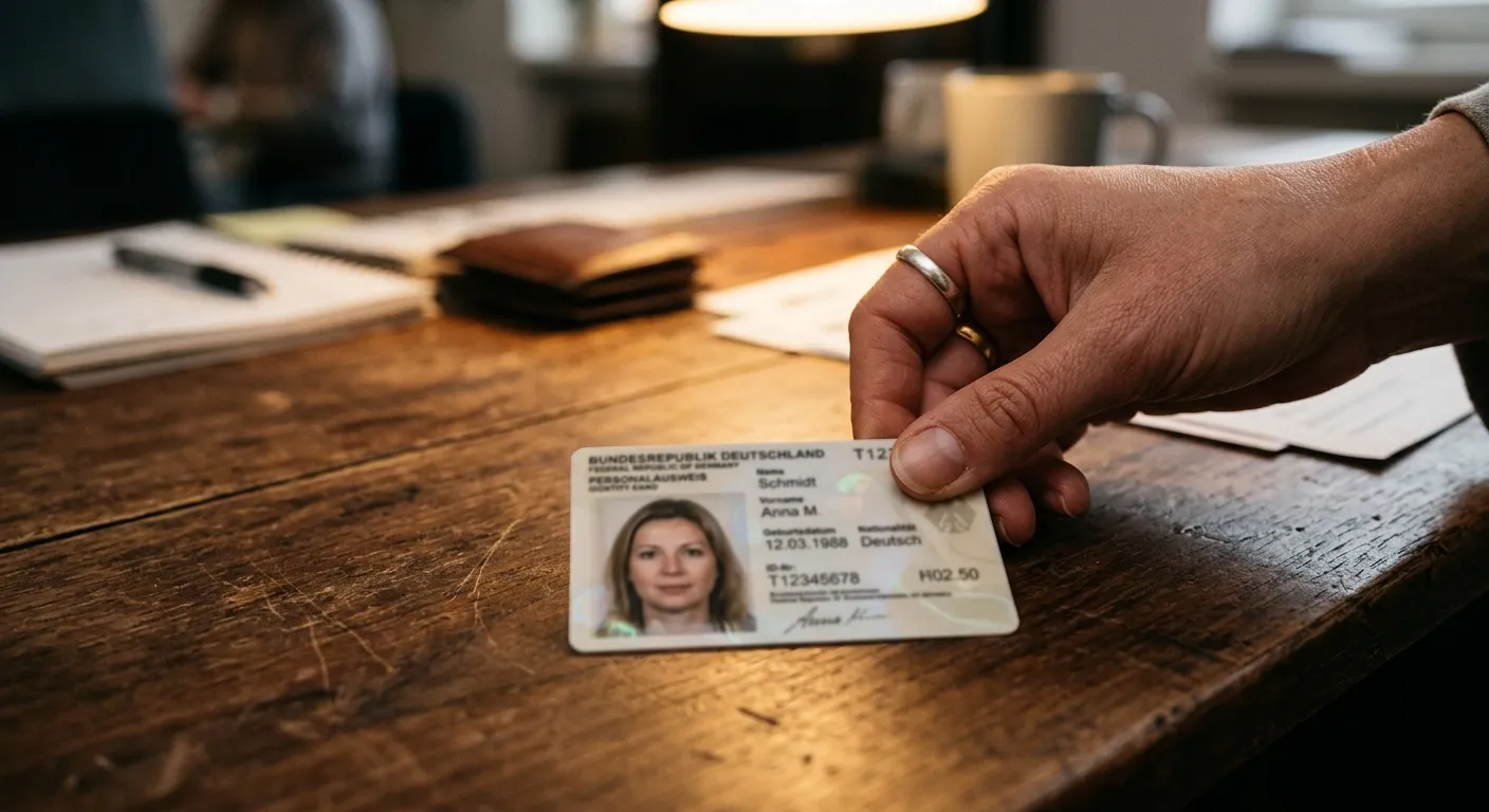 Hand legt einen Personalausweis auf einen dunklen Schreibtisch