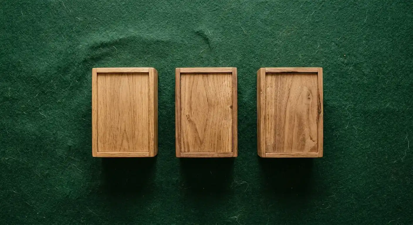 Drei einfache Holzkästchen auf dunkler Filzunterlage nebeneinander