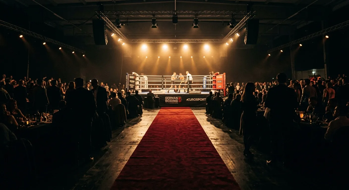 Roter Teppich führt zu einem beleuchteten Boxring im Hintergrund